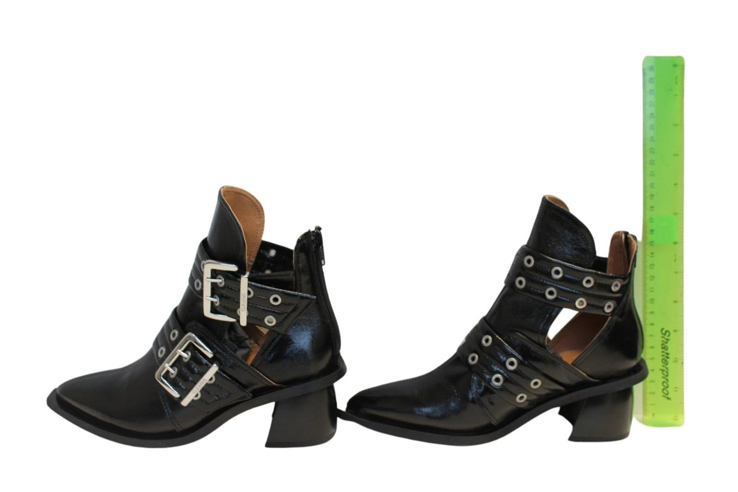 GANNI Ladies S2224 Black Chunky Buckle Open Cut Ankle Boots EU37 UK4 NEW RRP370
