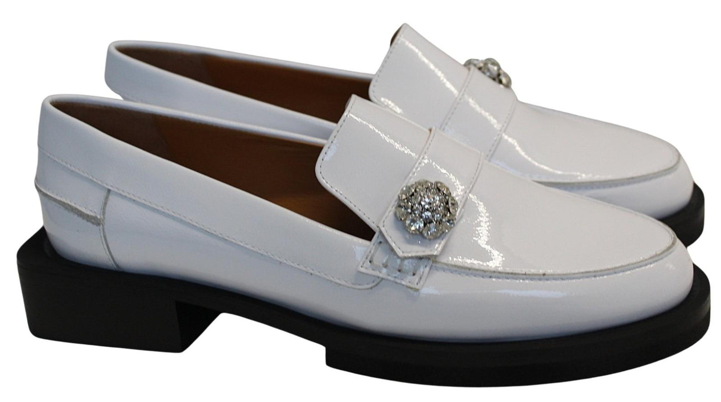 GANNI Ladies White Patent Leather Jewel Moccasins Loafers EU40 UK7 NEW RRP315