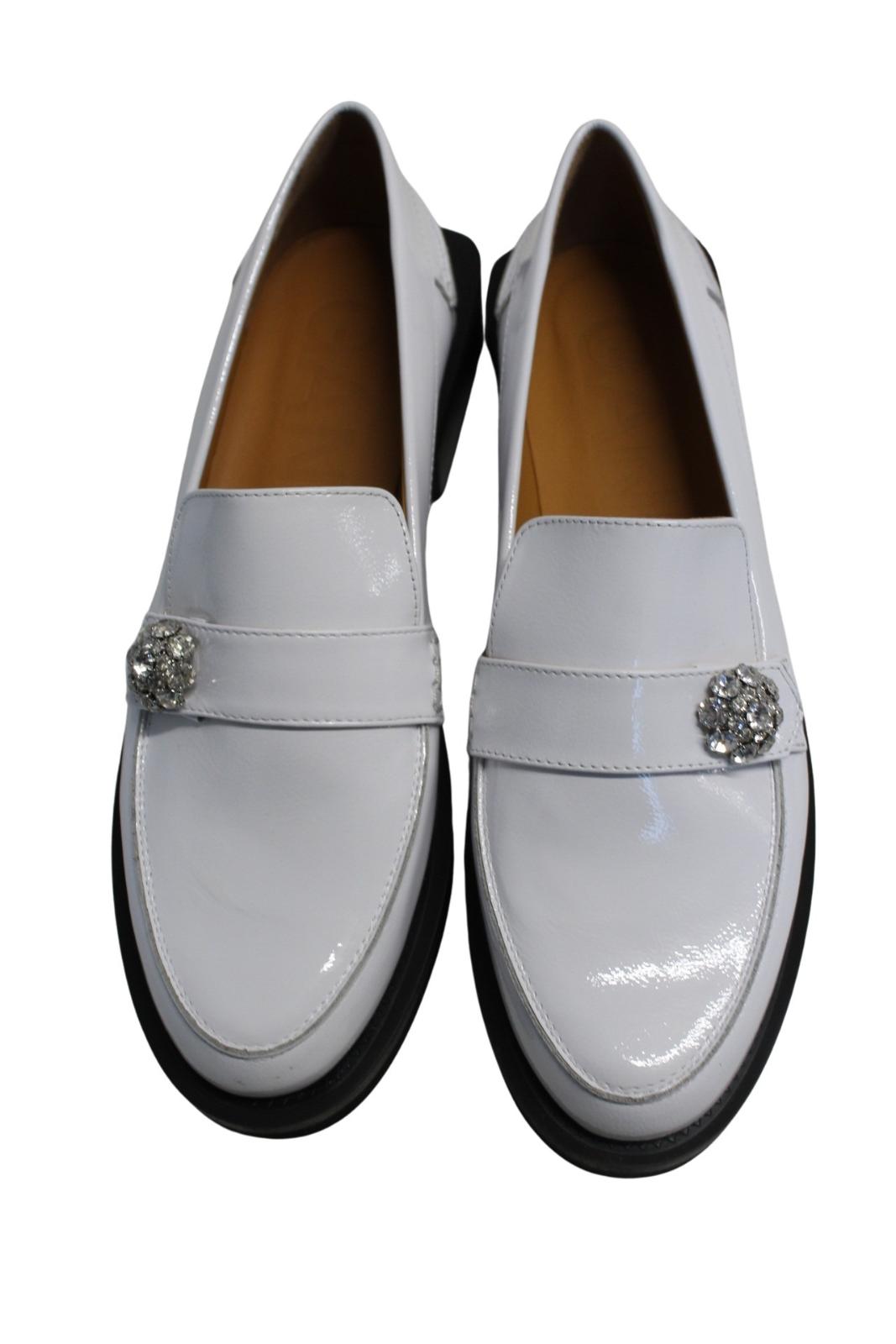GANNI Ladies White Patent Leather Jewel Moccasins Loafers EU40 UK7 NEW RRP315