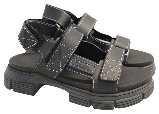 GANNI Ladies S1555 Black Rubber Logo Patch Flat Sandals EU40 UK7 NEW RRP175