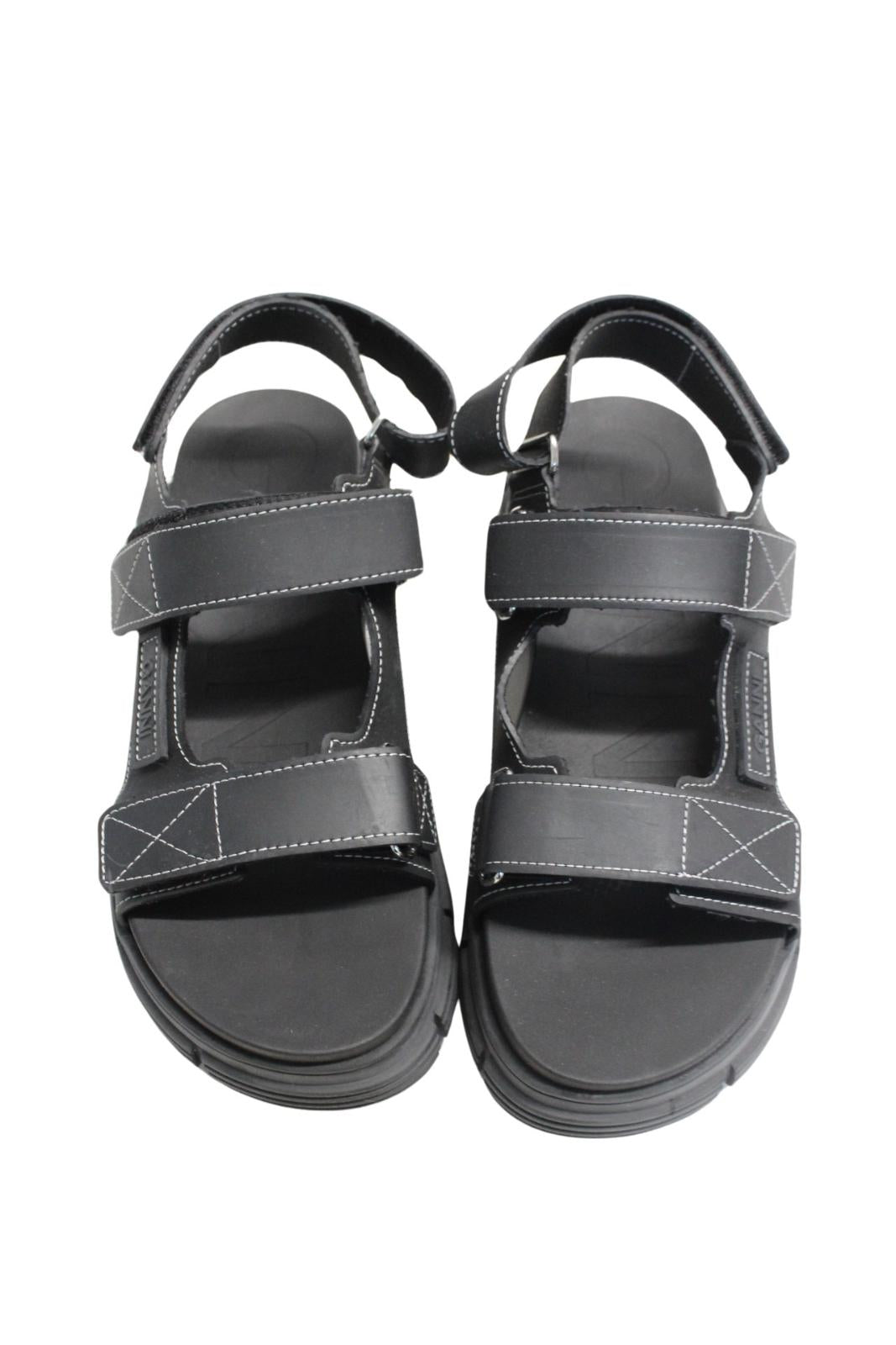 GANNI Ladies S1555 Black Rubber Logo Patch Flat Sandals EU40 UK7 NEW RRP175