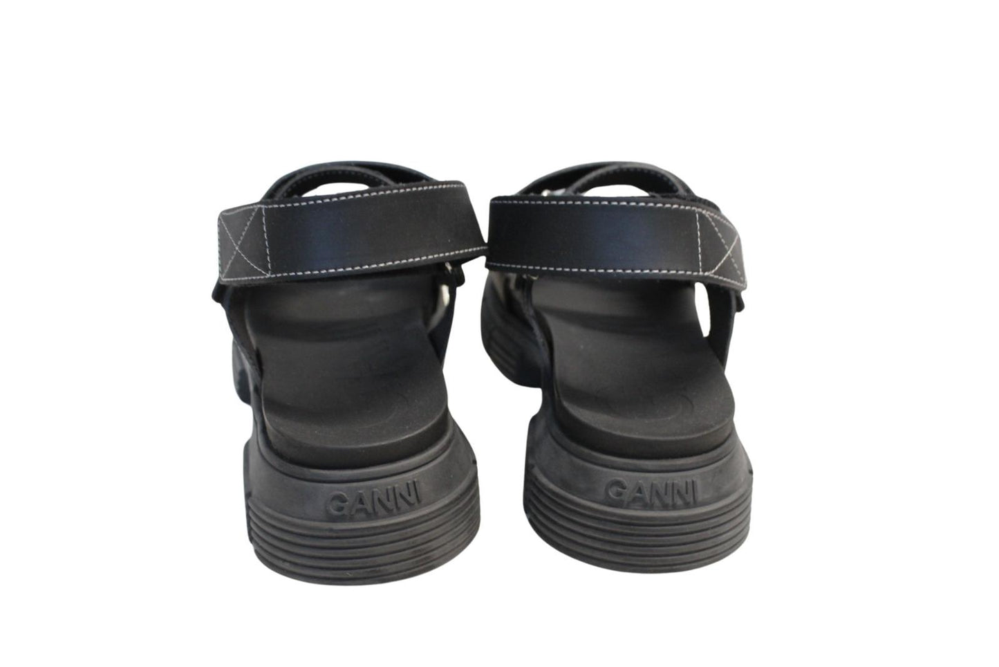 GANNI Ladies S1555 Black Rubber Logo Patch Flat Sandals EU40 UK7 NEW RRP175