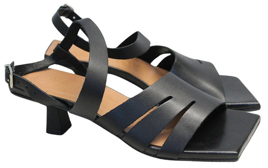 GANNI Ladies S1820 Black Leather Kitten Heel Strappy Sandals EU37 UK4 NEW RRP265