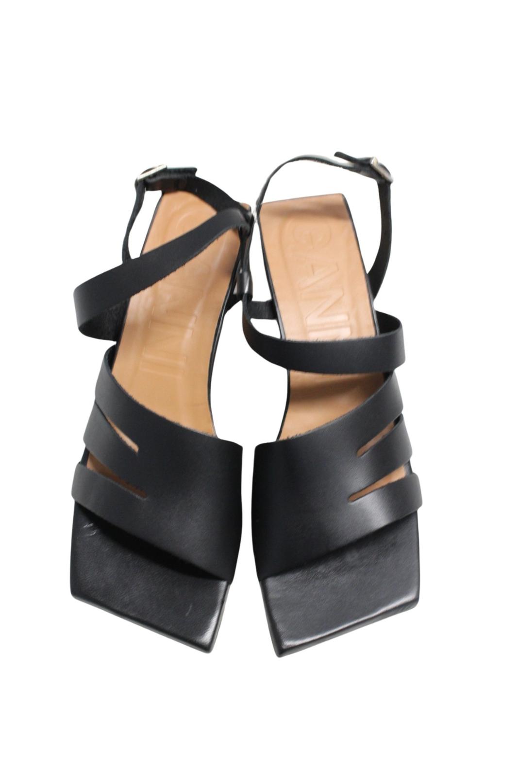 GANNI Ladies S1820 Black Leather Kitten Heel Strappy Sandals EU37 UK4 NEW RRP265
