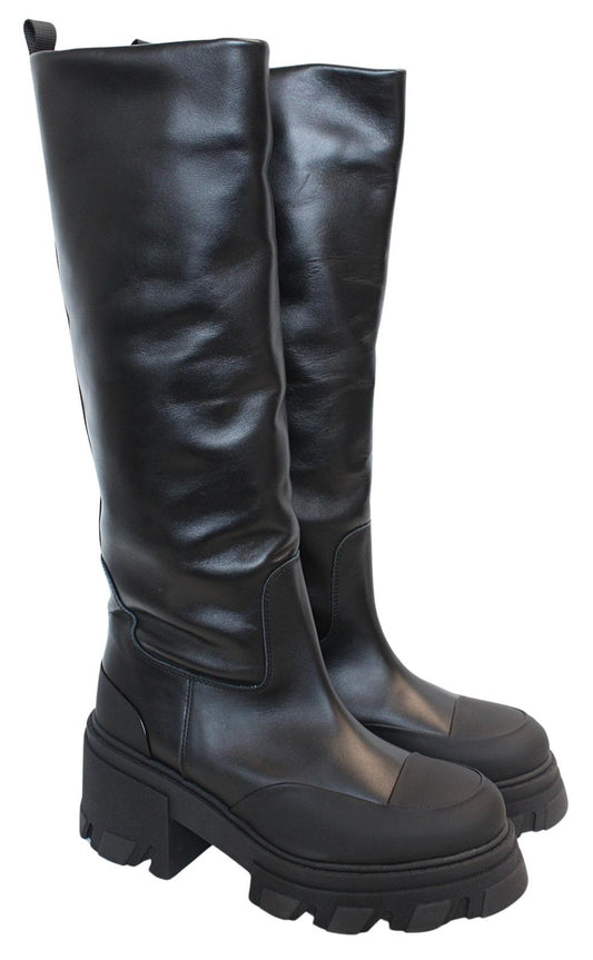 GANNI  Chunky Boots S1649 Black 85 Leather Knee High Womens EU40 UK7 NEW RRP405