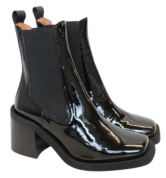 GANNI Chelsea Boots S1717 Black Patent Leather Heeled Womens EU37 UK4 NEW RRP320