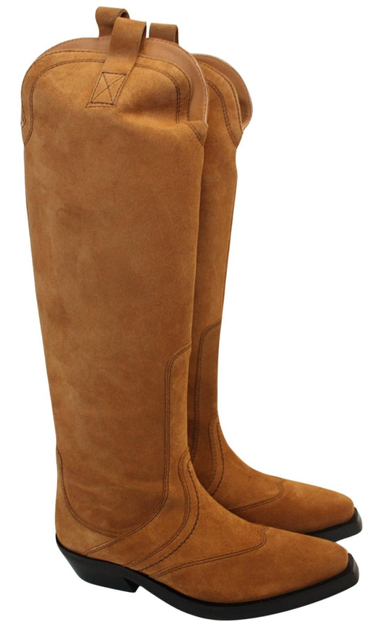 GANNI Western Boots Tobacco Brown Suede Knee High Womens EU37 UK4 NEW RRP430
