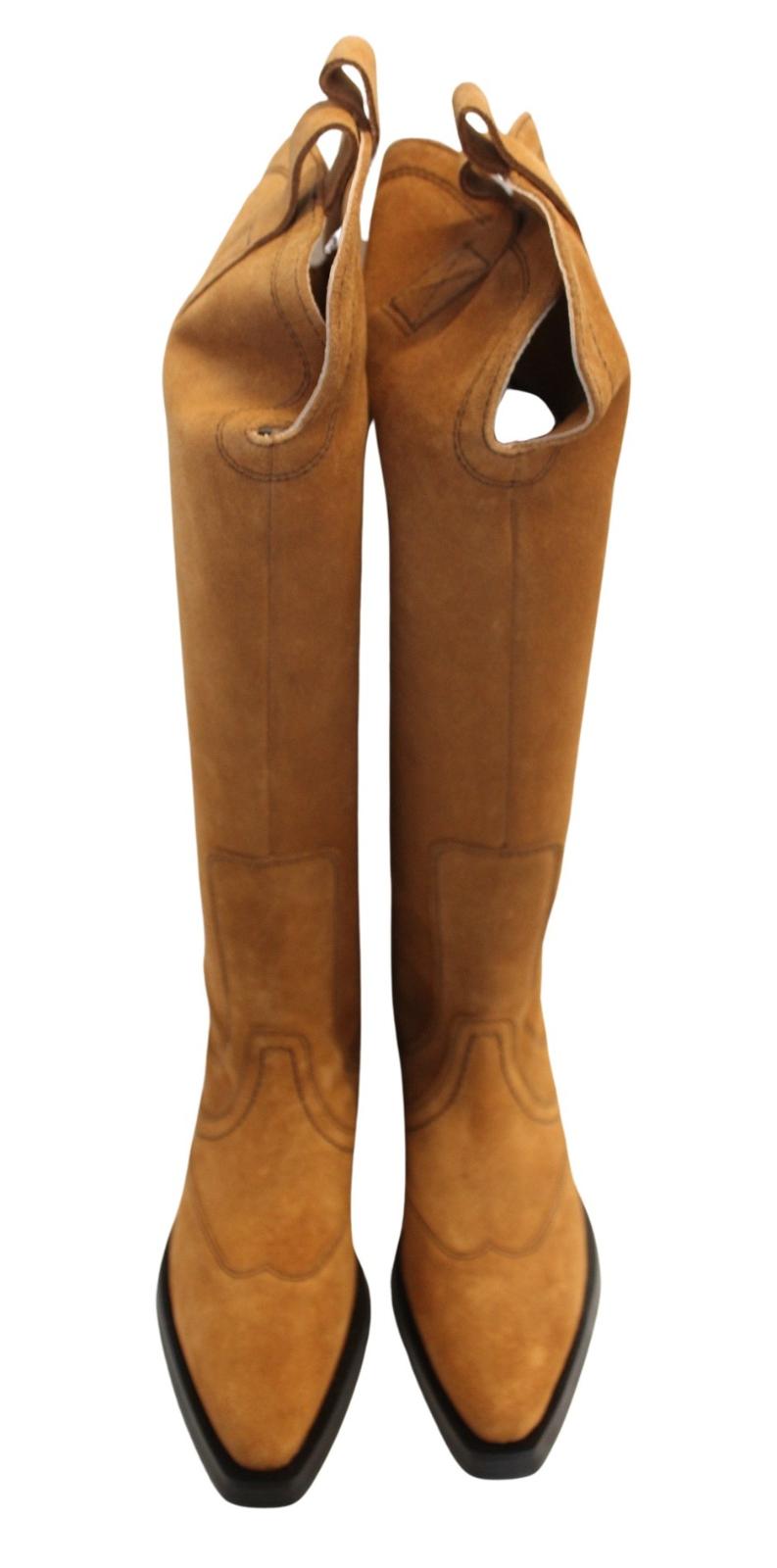 GANNI Western Boots Tobacco Brown Suede Knee High Womens EU37 UK4 NEW RRP430