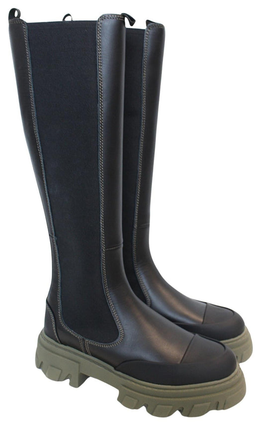 GANNI Chelsea Boots S1626 Black Green Leather Knee High Womens UK5 NEW RRP380