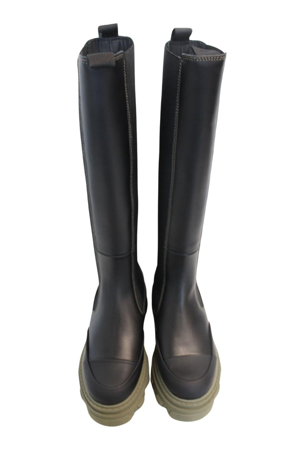 GANNI Chelsea Boots S1626 Black Green Leather Knee High Womens UK5 NEW RRP380