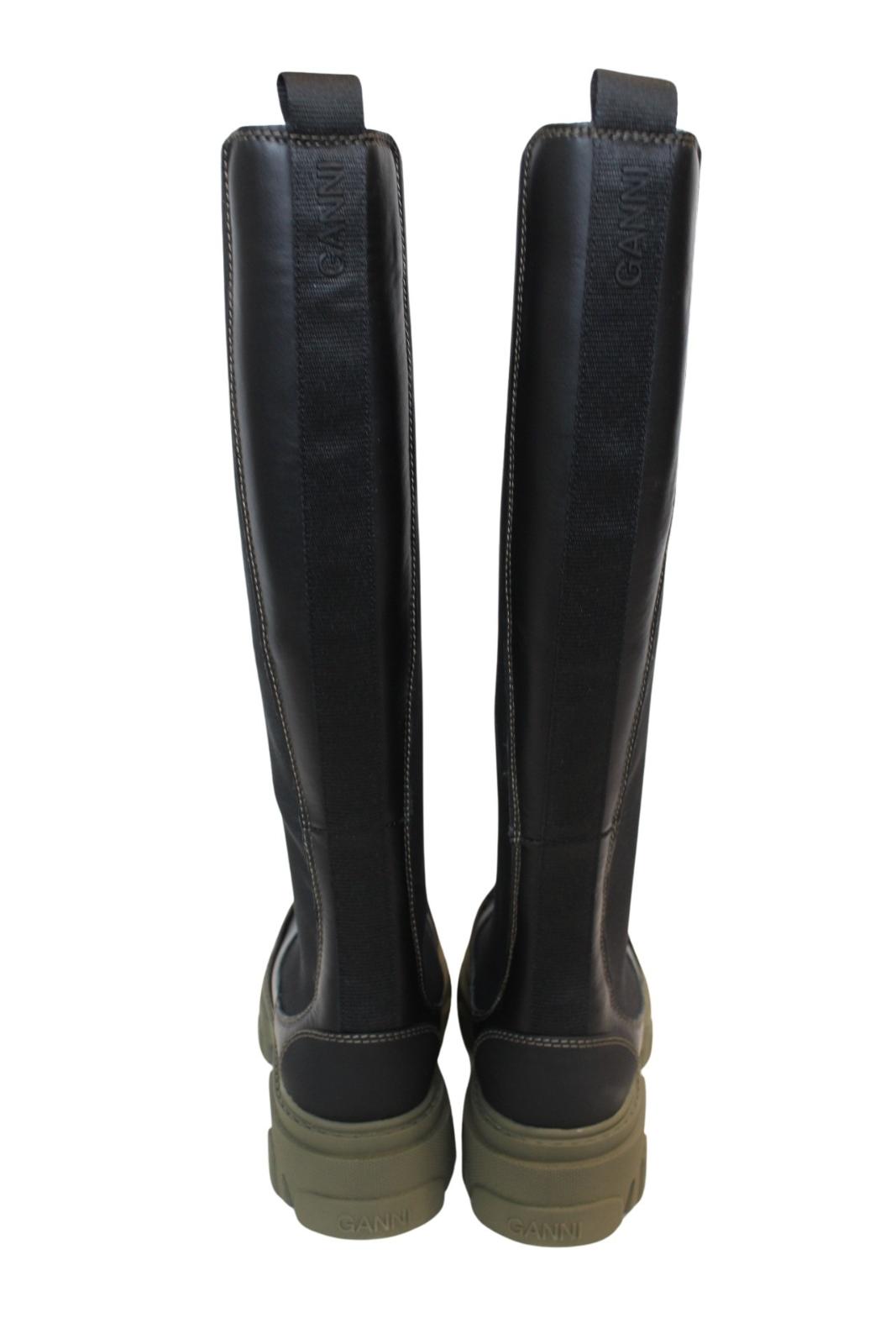 GANNI Chelsea Boots S1626 Black Green Leather Knee High Womens UK5 NEW RRP380
