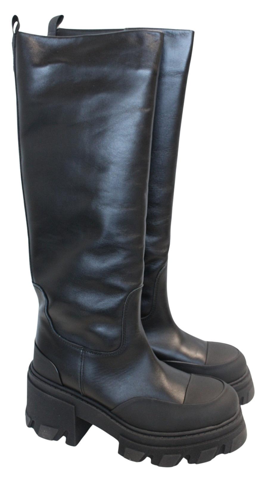 GANNI Chunky Boots S1649 Black 85 Leather Knee High Womens EU37 UK4 NEW RRP405