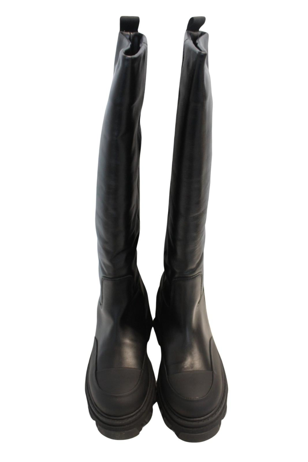 GANNI Chunky Boots S1649 Black 85 Leather Knee High Womens EU37 UK4 NEW RRP405