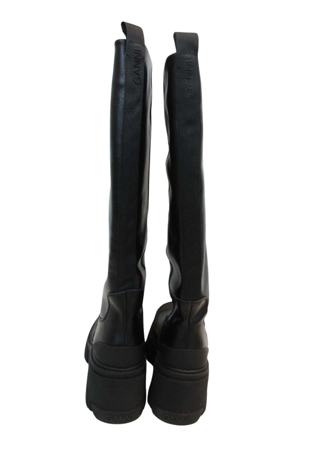 GANNI Chunky Boots S1649 Black 85 Leather Knee High Womens EU37 UK4 NEW RRP405