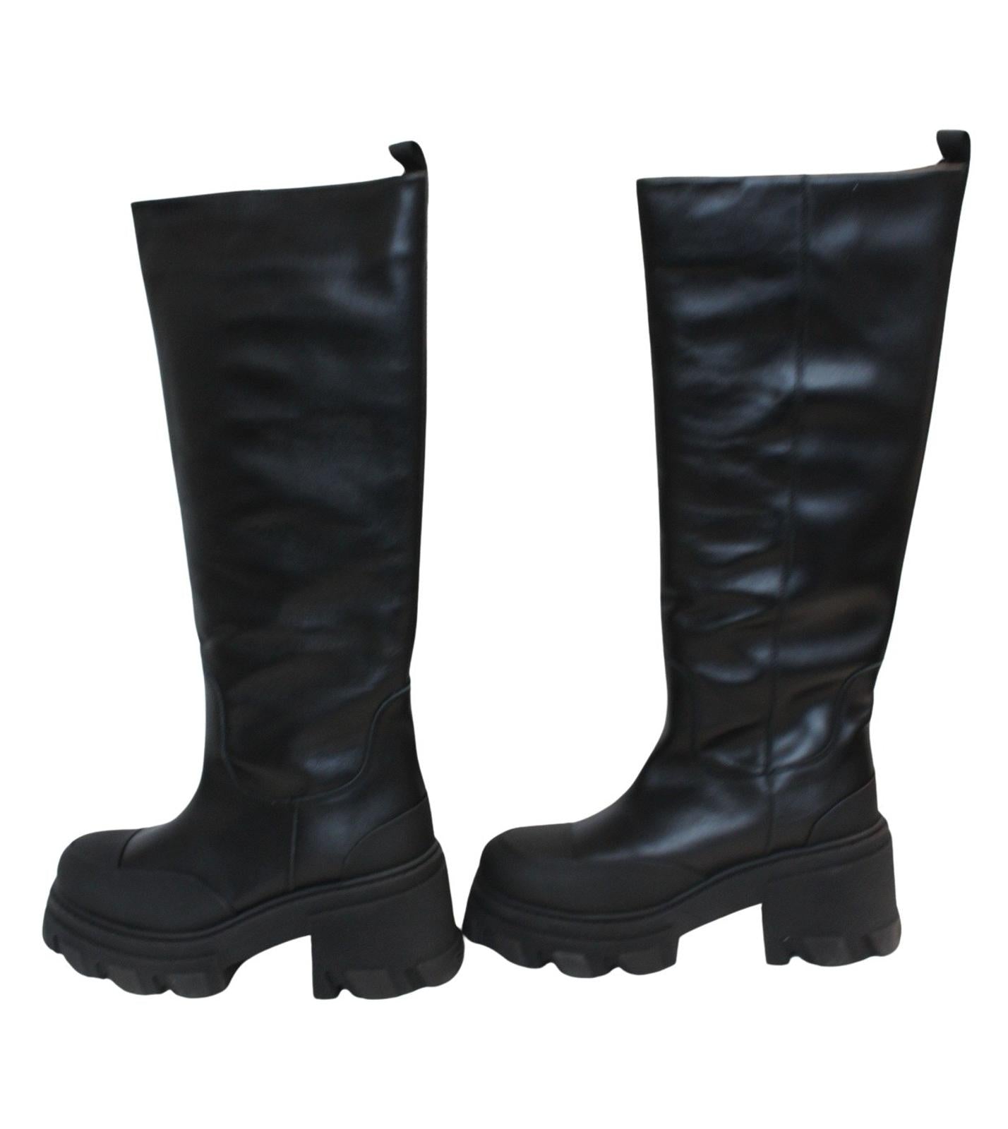 GANNI Chunky Boots S1649 Black 85 Leather Knee High Womens EU37 UK4 NEW RRP405