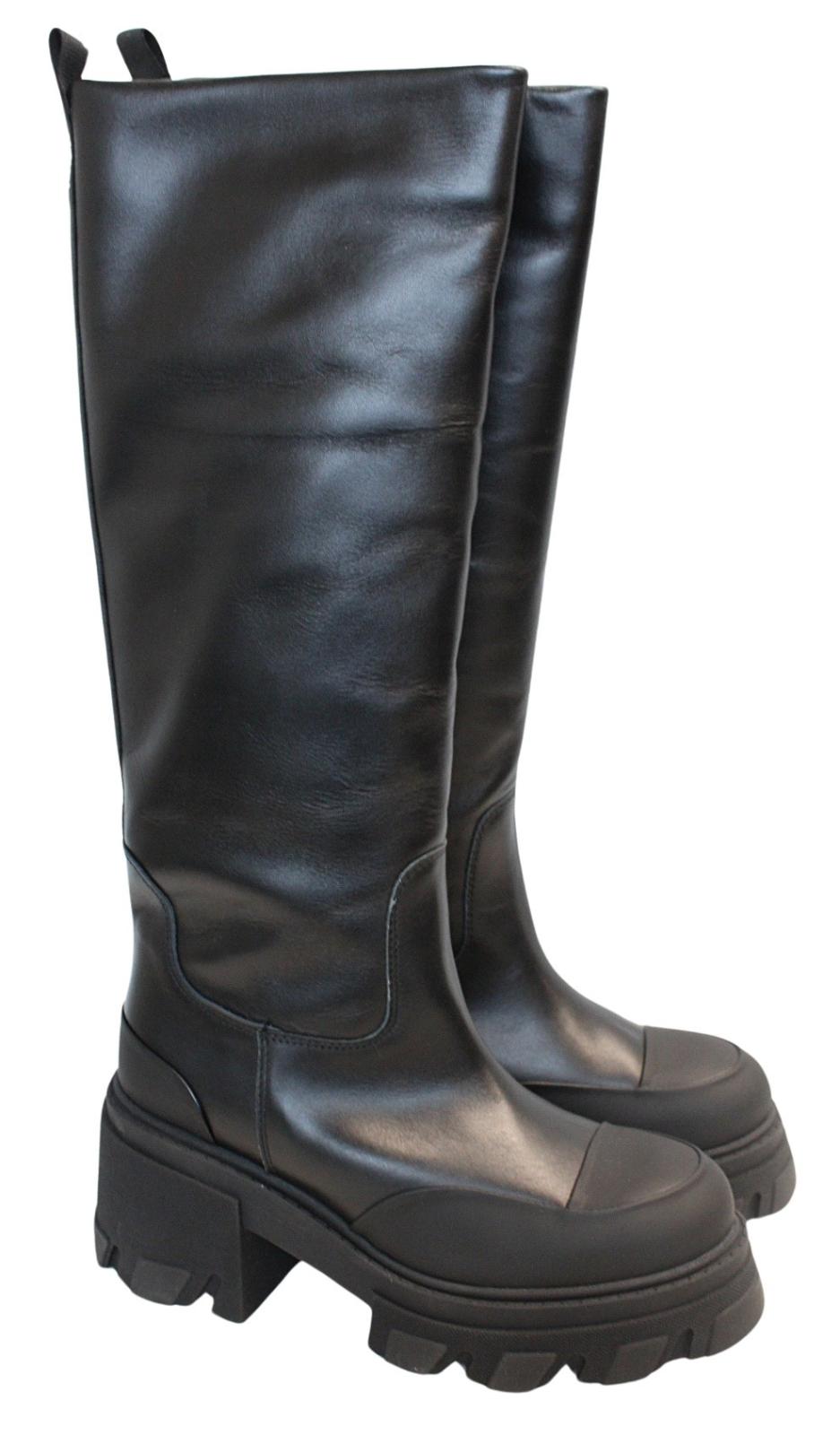 GANNI Ladies S1649 Black 85 Leather Knee High Chunky Boots EU38 UK5 NEW RRP405