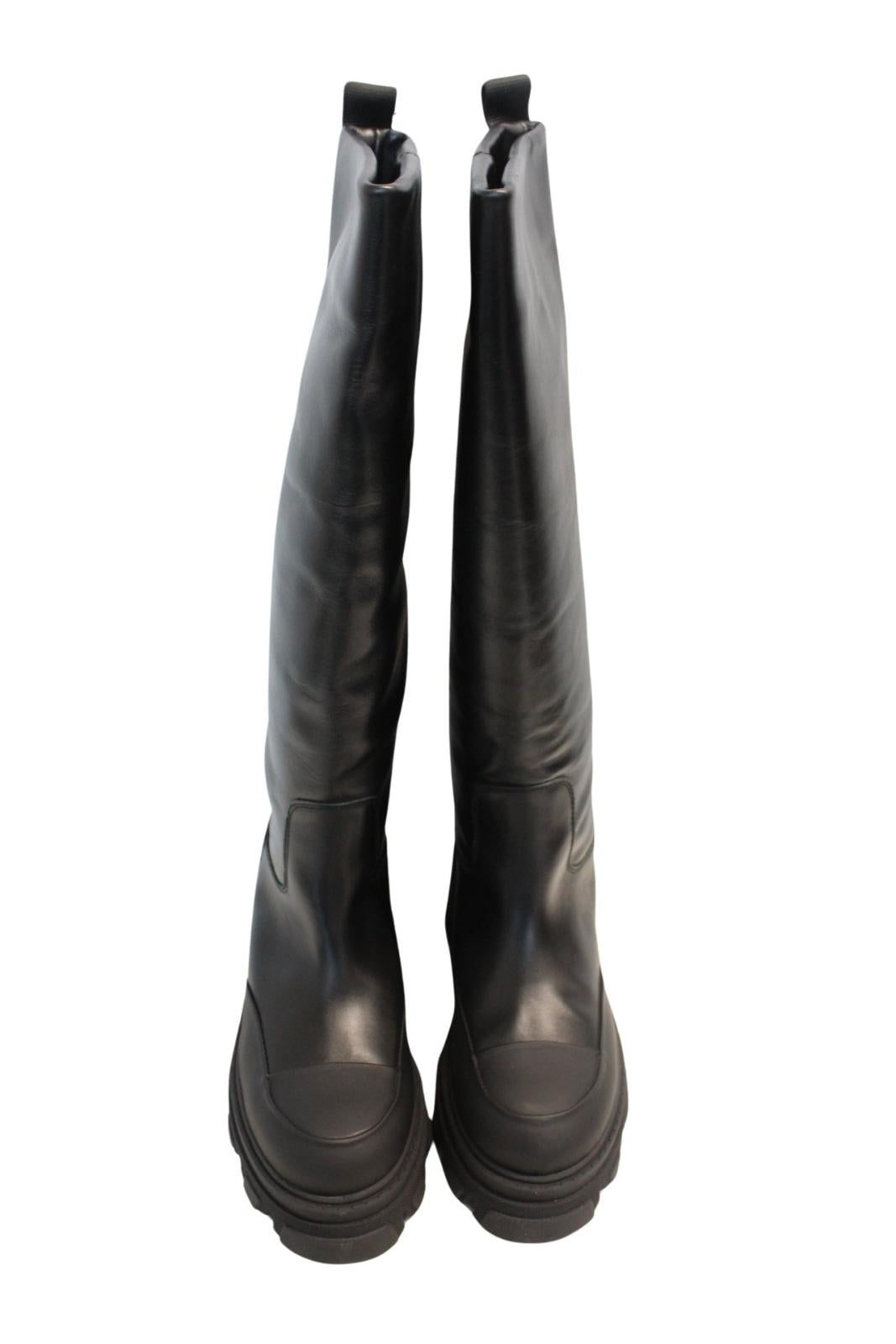 GANNI Ladies S1649 Black 85 Leather Knee High Chunky Boots EU38 UK5 NEW RRP405