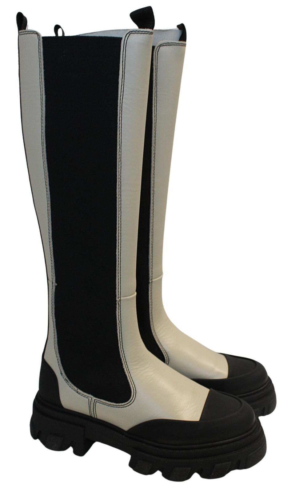 GANNI Ladies S1622 Oyster Grey Black Knee High Leather Boots EU36 UK3 NEW RRP355