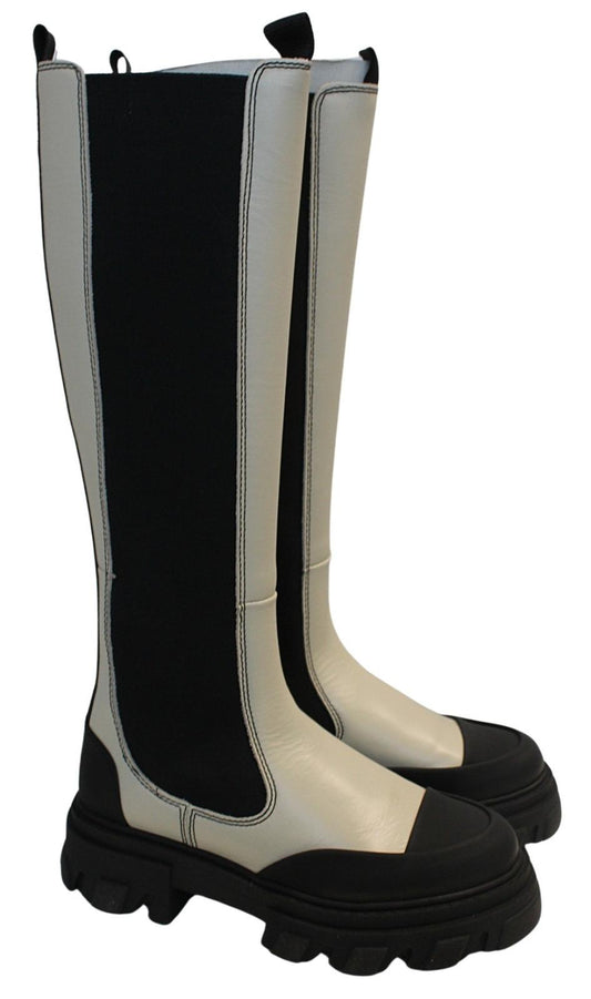 GANNI Ladies S1622 Oyster Grey Black Knee High Leather Boots EU36 UK3 NEW RRP355