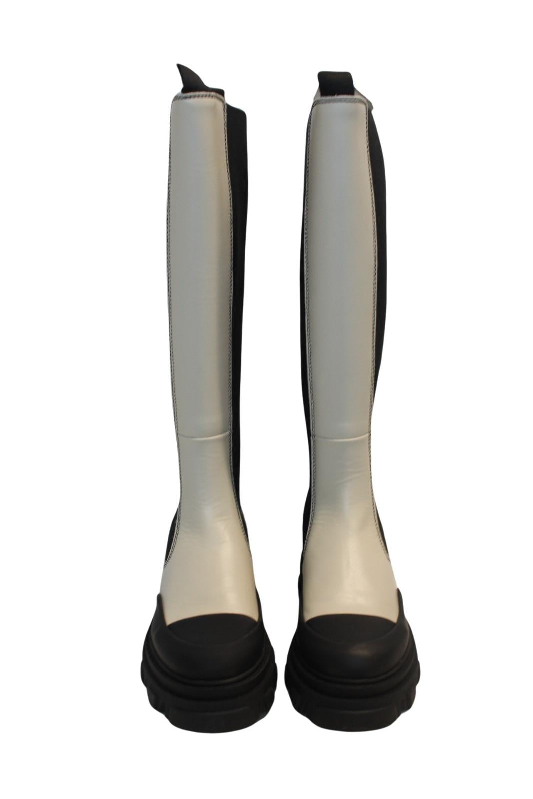 GANNI Ladies S1622 Oyster Grey Black Knee High Leather Boots EU36 UK3 NEW RRP355