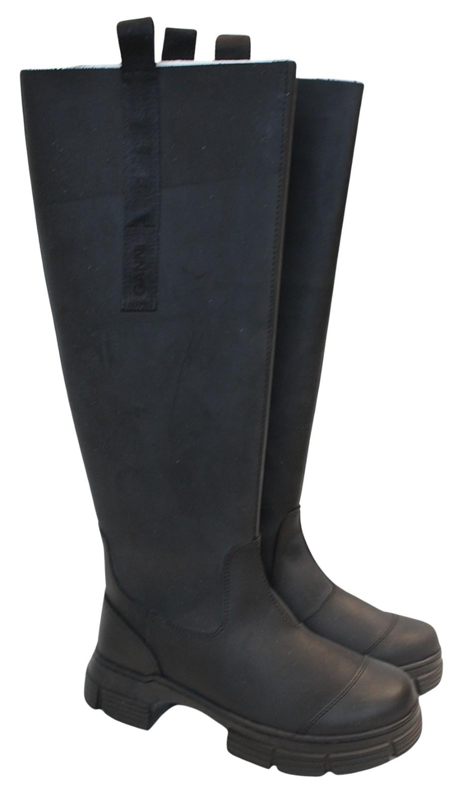 GANNI Ladies S1527 Black Rubber Knee High Country Boots EU36 UK3 NEW RRP215