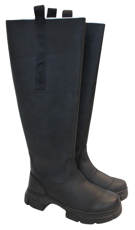 GANNI Ladies S1527 Black Rubber Knee High Country Boots EU36 UK3 NEW RRP215