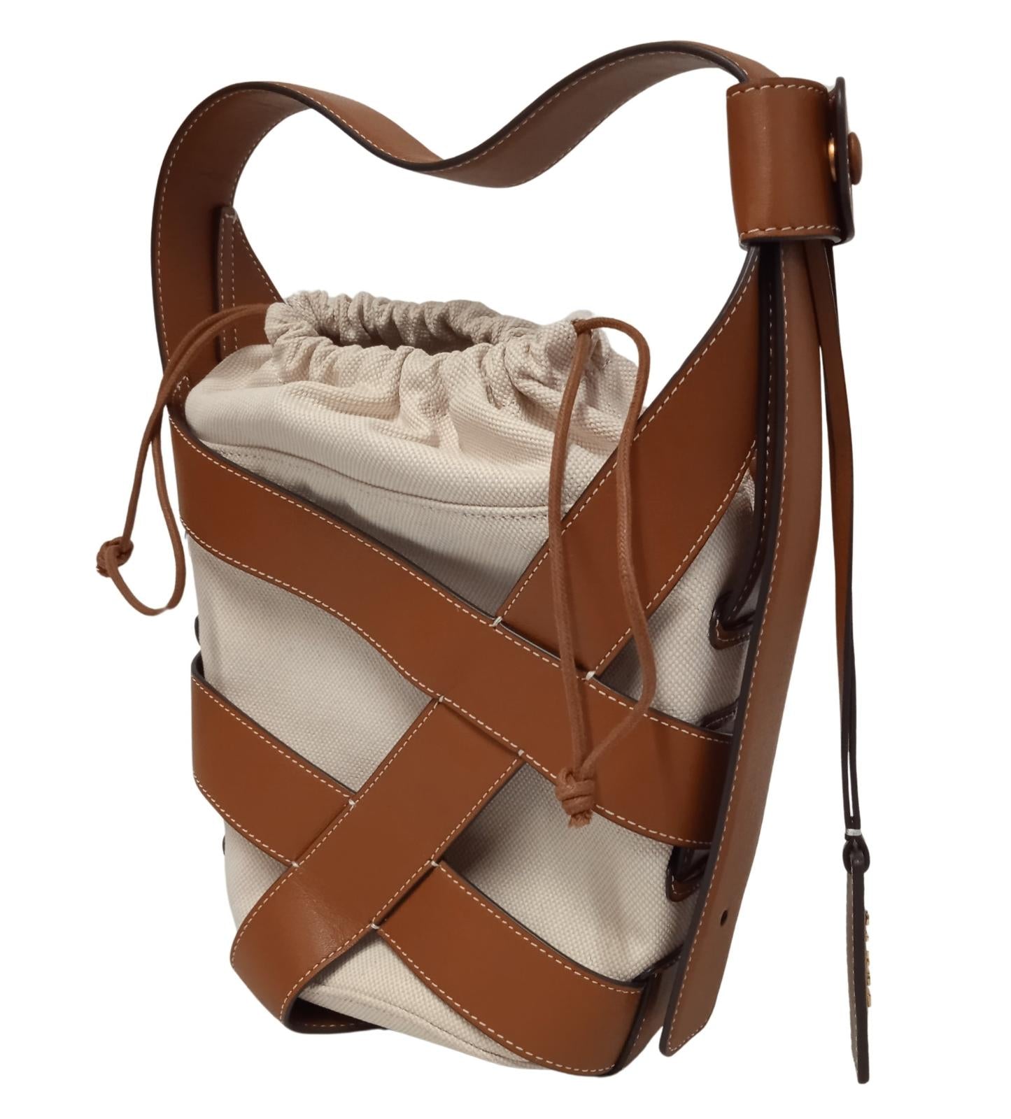 STAUD Ladies Brown/Beige Canvas & Leather Small Hive Bucket Bag RRP295 NEW