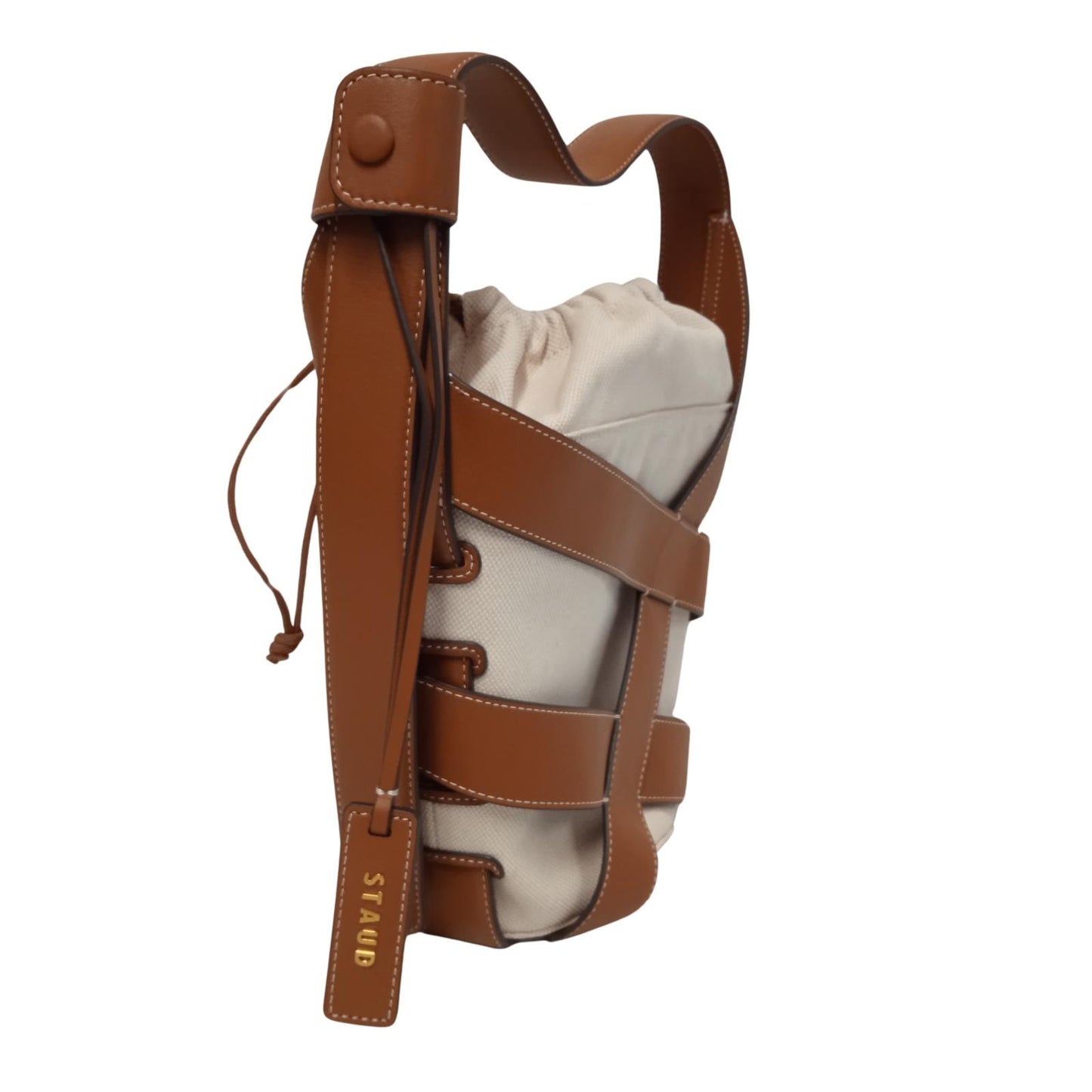 STAUD Ladies Brown/Beige Canvas & Leather Small Hive Bucket Bag RRP295 NEW