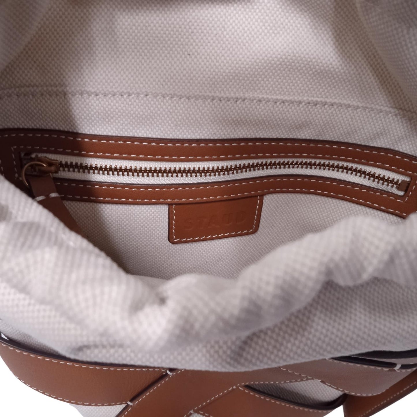 STAUD Ladies Brown/Beige Canvas & Leather Small Hive Bucket Bag RRP295 NEW