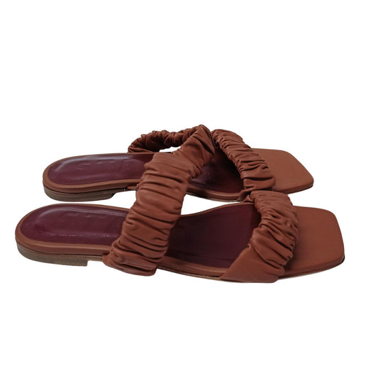 STAUD Brown Flat Sandals Maya Flat Sandal Ruched Nappa Shoe UK 4.5 NEW RRP 250