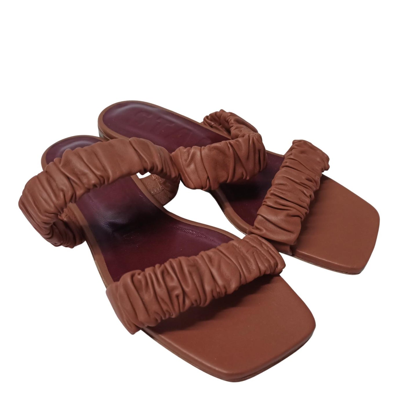 STAUD Brown Flat Sandals Maya Flat Sandal Ruched Nappa Shoe UK 4.5 NEW RRP 250