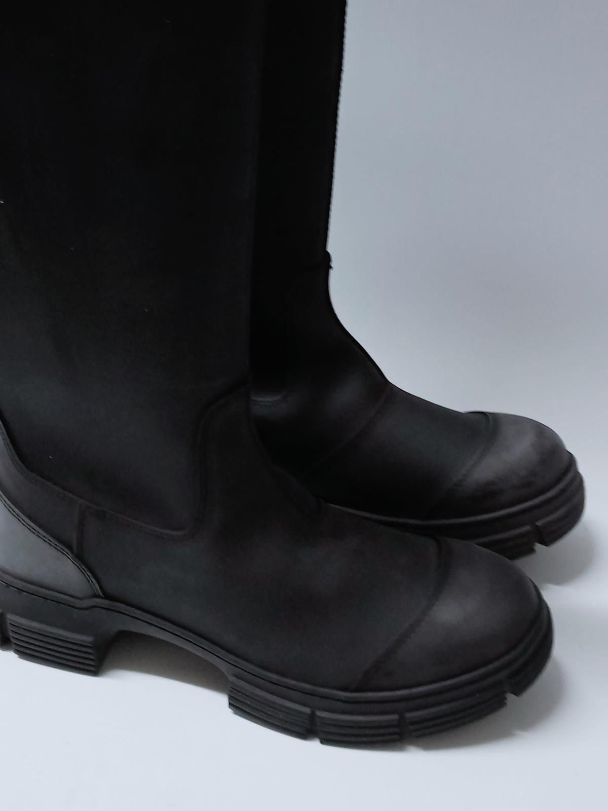GANNI Black Knee High Boots Leather Round Toe Shoe Size UK 6 NEW RRP 445