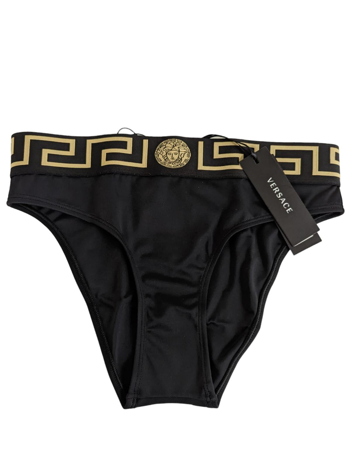 VERSACE Black Bikini Bottoms Swimwear Logo Elasticated Waist XS NEW RRP 120