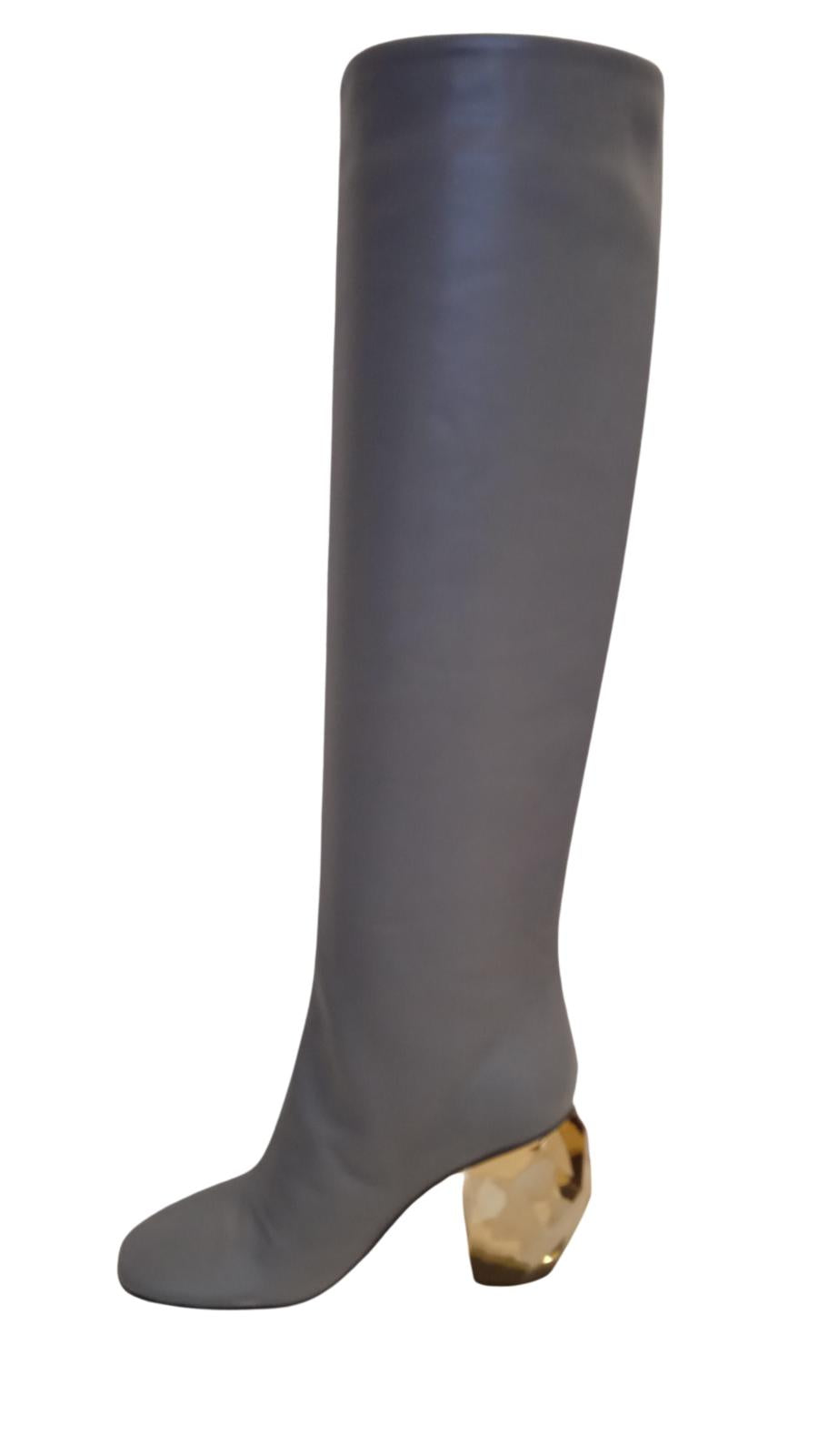 JIL SANDER Ladies Grey Leather Crystal Heel Knee High Boots EU35 UK2 NEW RRP1260