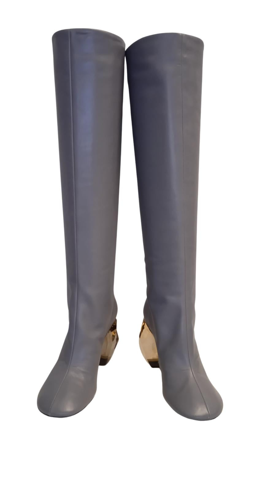 JIL SANDER Ladies Grey Leather Crystal Heel Knee High Boots EU35 UK2 NEW RRP1260
