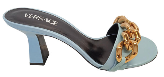 VERSACE Ladies Blue Leather 70mm Chain Detail Mule Sandals EU40 UK7 NEW RRP730