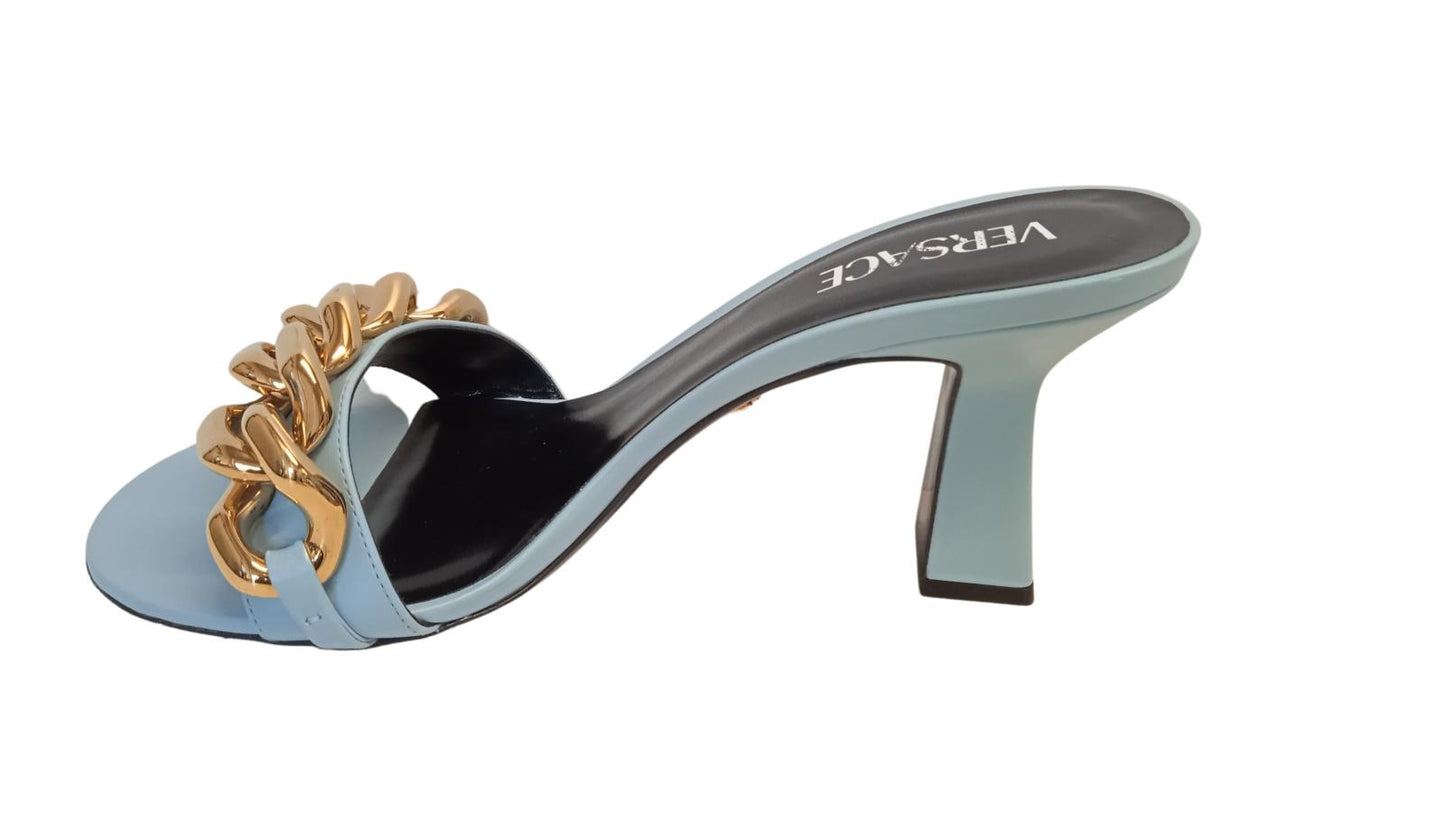 VERSACE Ladies Blue Leather 70mm Chain Detail Mule Sandals EU40 UK7 NEW RRP730