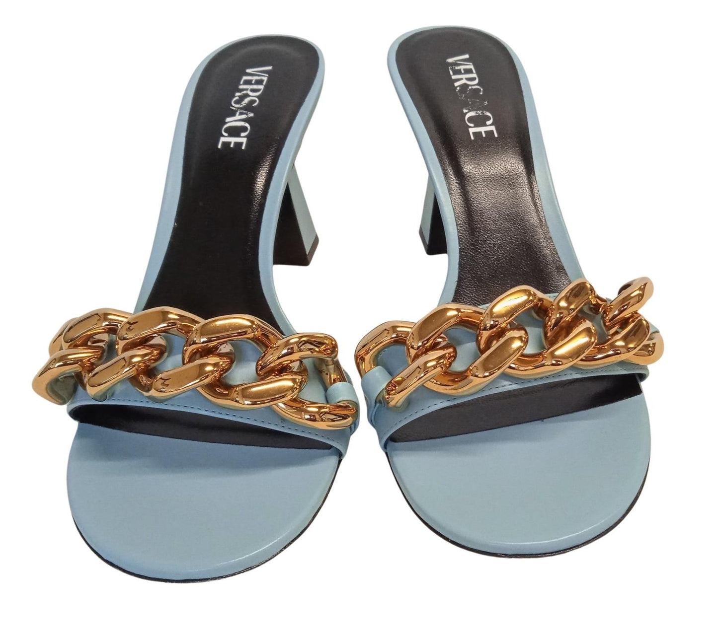VERSACE Ladies Blue Leather 70mm Chain Detail Mule Sandals EU40 UK7 NEW RRP730