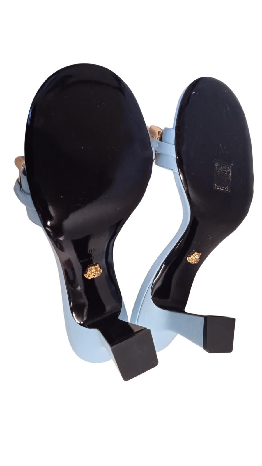 VERSACE Ladies Blue Leather 70mm Chain Detail Mule Sandals EU40 UK7 NEW RRP730