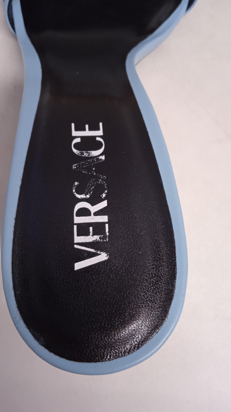 VERSACE Ladies Blue Leather 70mm Chain Detail Mule Sandals EU40 UK7 NEW RRP730