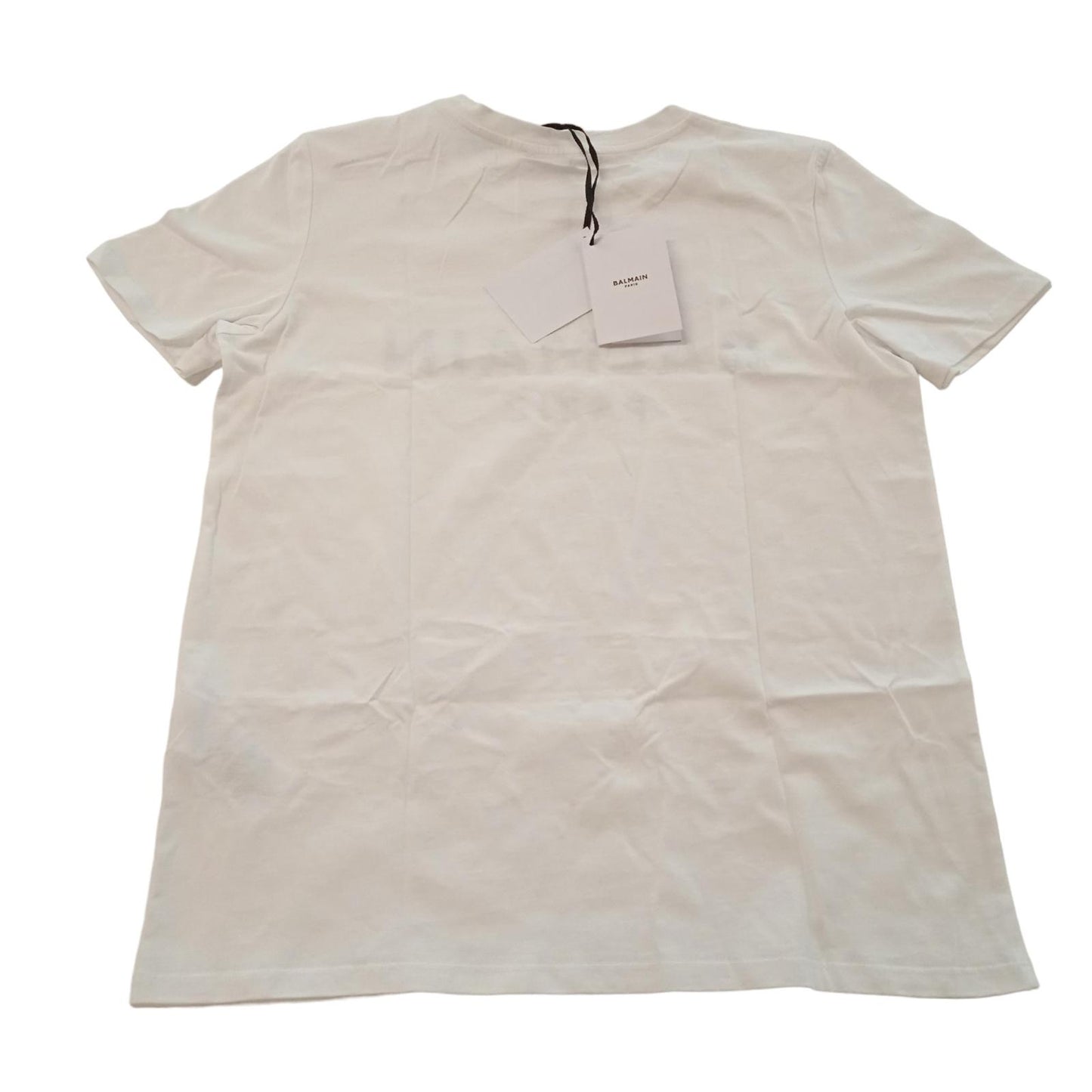 BALMAIN T-Shirt Logo Print 3-Button Shoulder White Cotton Ladies S NEW RRP395