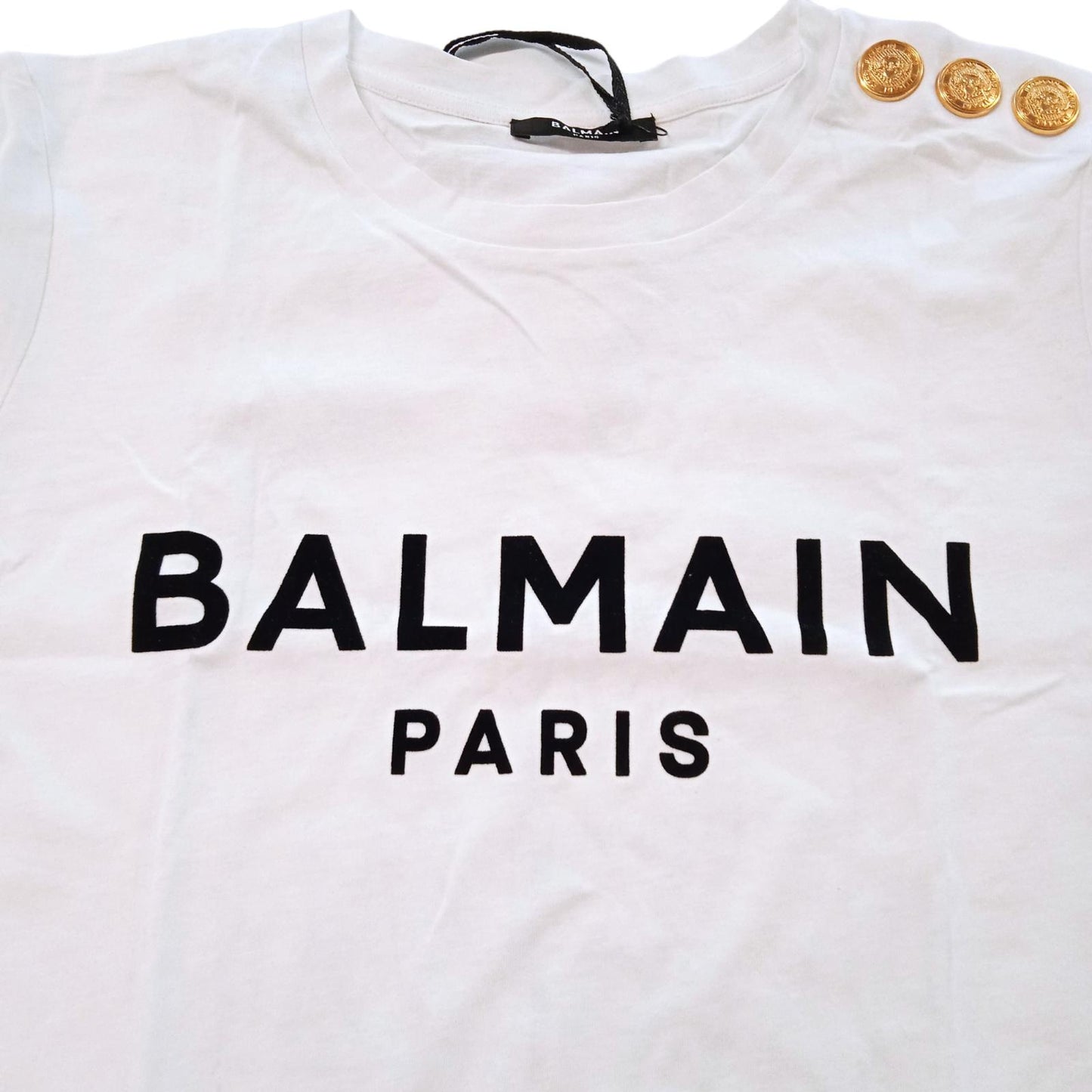 BALMAIN T-Shirt Logo Print 3-Button Shoulder White Cotton Ladies S NEW RRP395