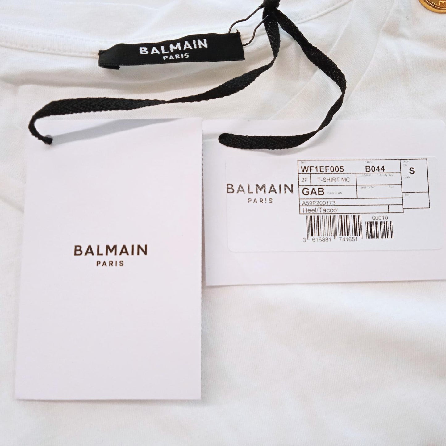 BALMAIN T-Shirt Logo Print 3-Button Shoulder White Cotton Ladies S NEW RRP395