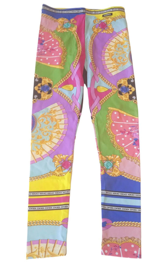 VERSACE Leggings Multicoloured Ventagli Print Ladies Size IT44 UK8 NEW RRP550