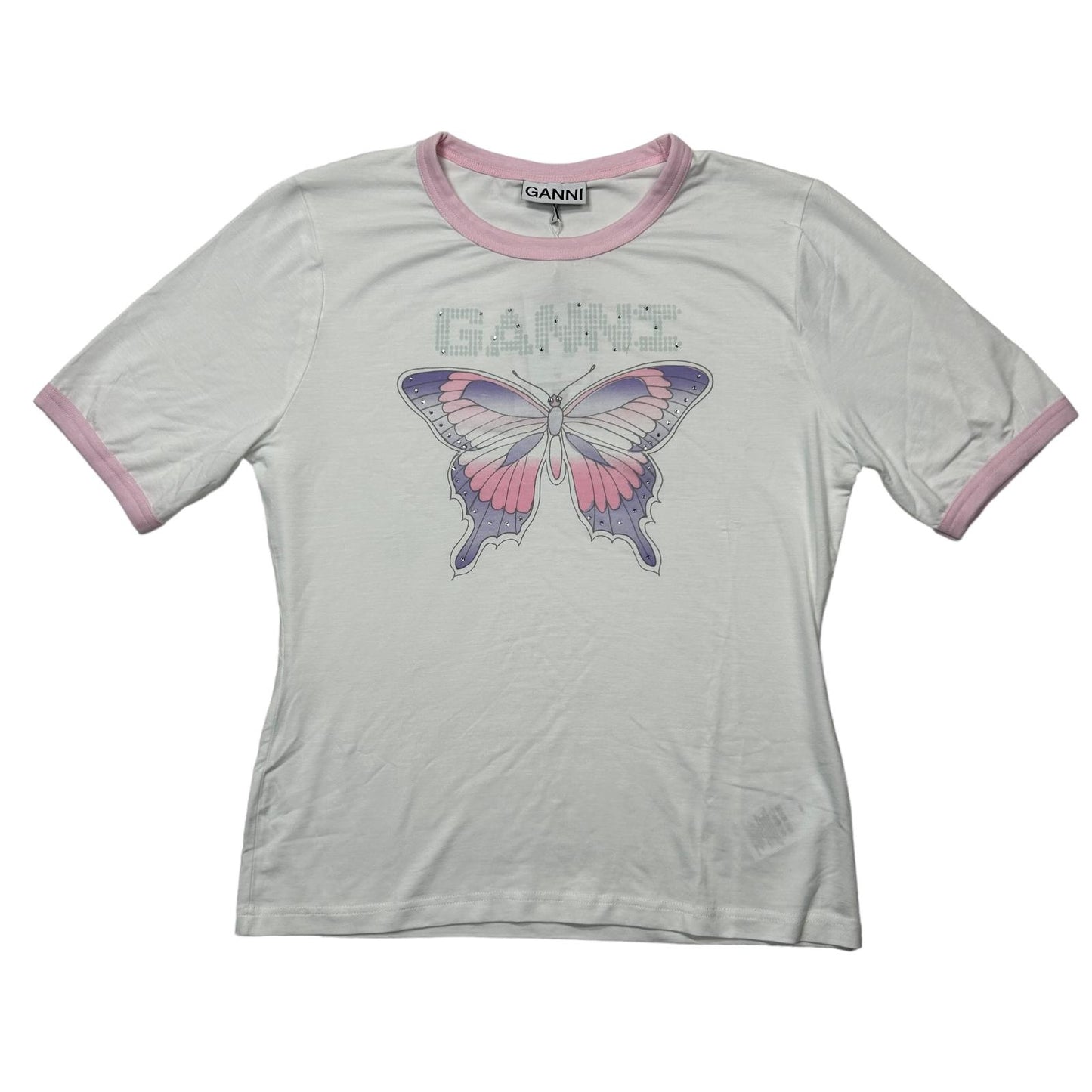 GANNI White T-Shirt Butterfly Crystal Large NEW RRP 95