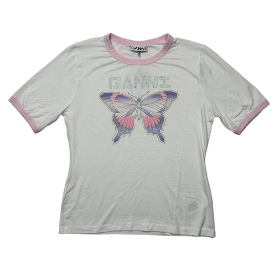 GANNI White T-Shirt Butterfly Crystal Large NEW RRP 95