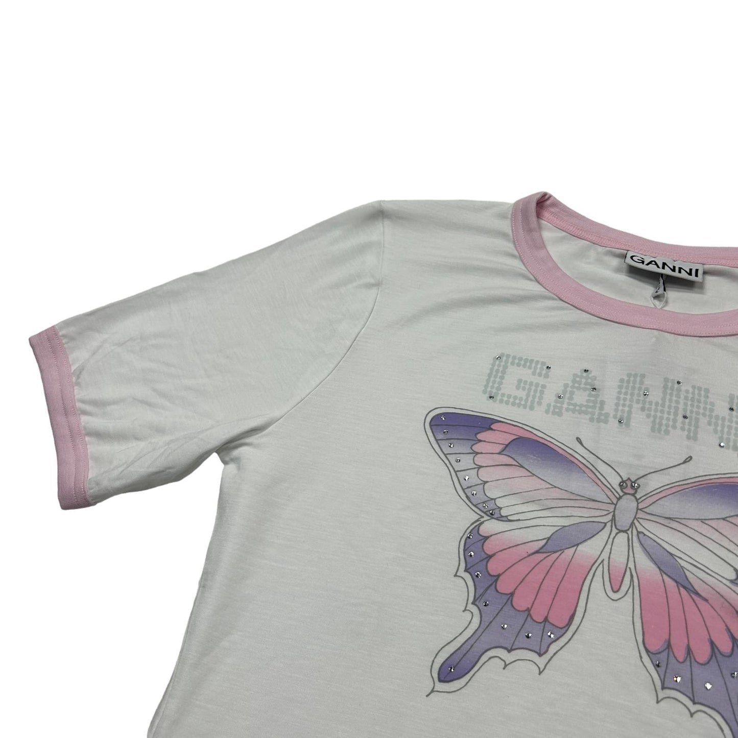 GANNI White T-Shirt Butterfly Crystal Large NEW RRP 95