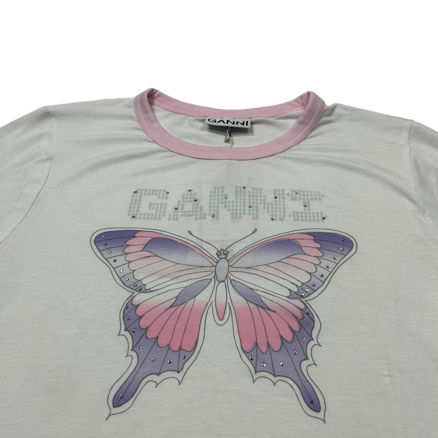 GANNI White T-Shirt Butterfly Crystal Large NEW RRP 95