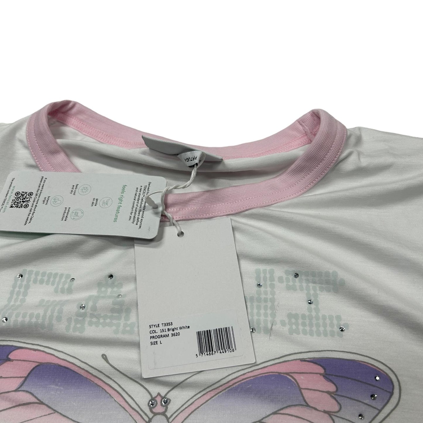 GANNI White T-Shirt Butterfly Crystal Large NEW RRP 95