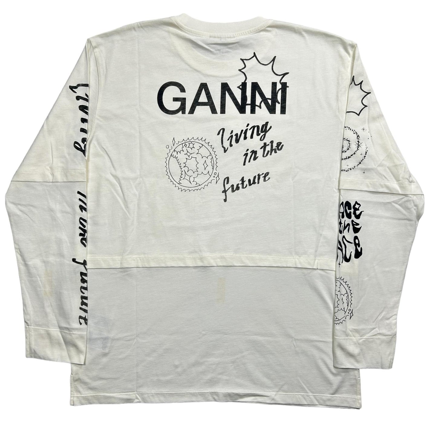 GANNI LS Cotton Logo Jersey White T-Shirt Large NEW RRP 115